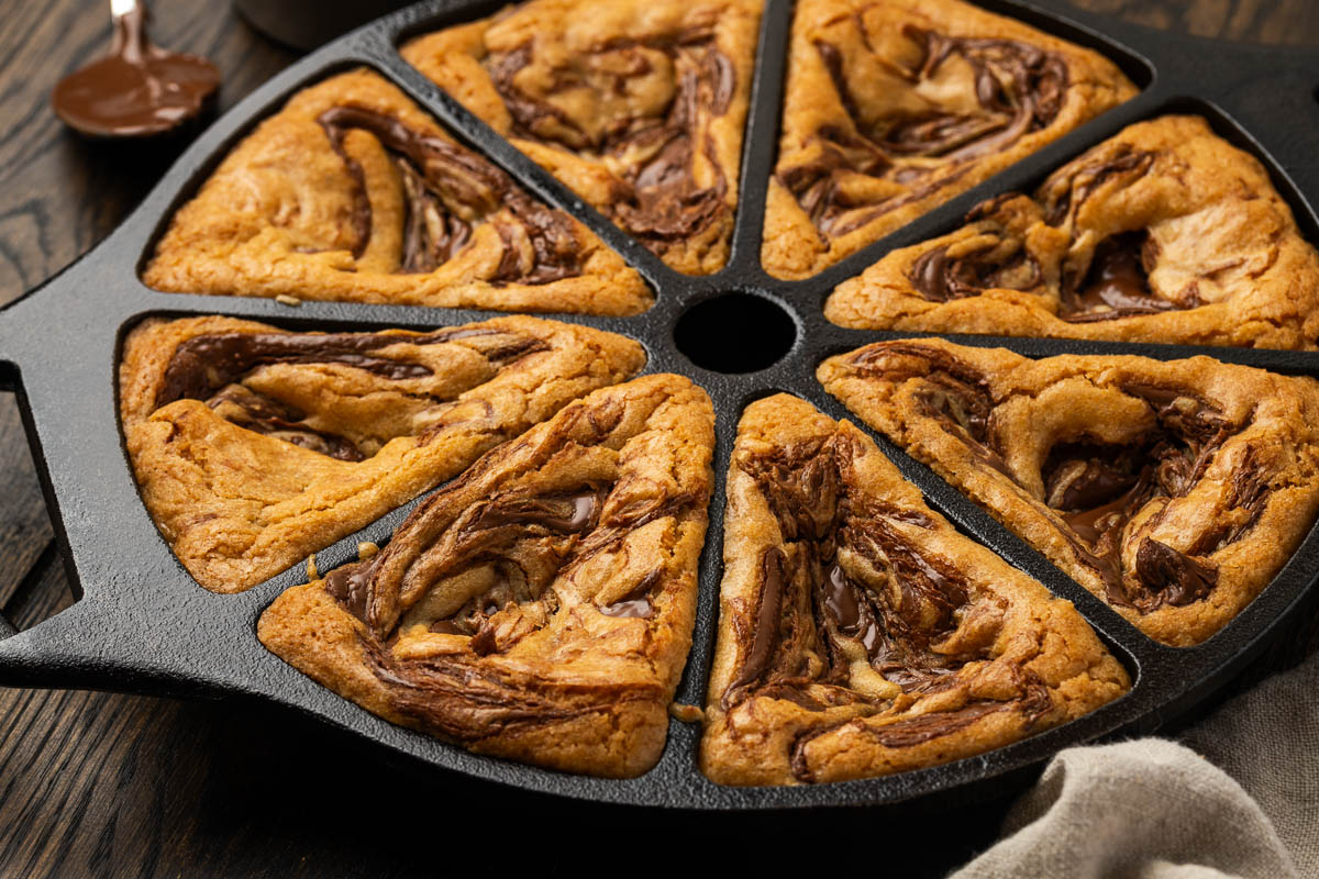 Nutella blondies in a cast iron pan.