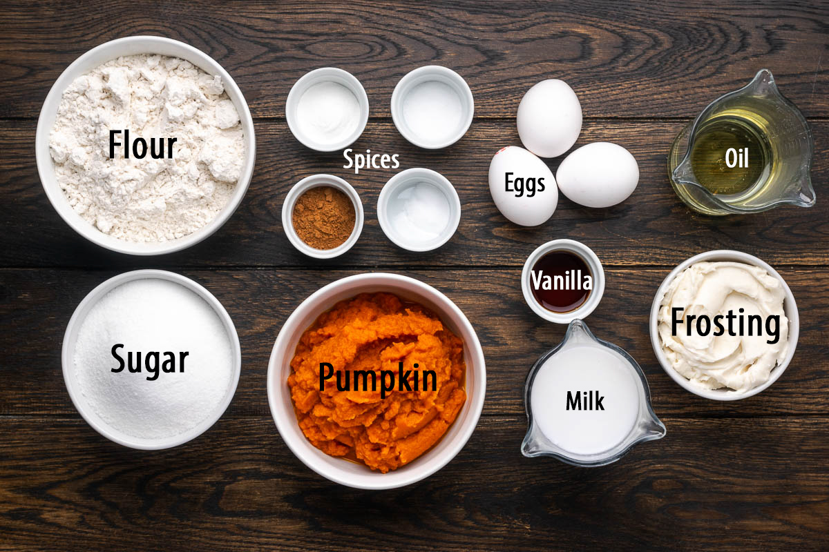 Ingredients to make pumpkin spice cake on the table with labels.