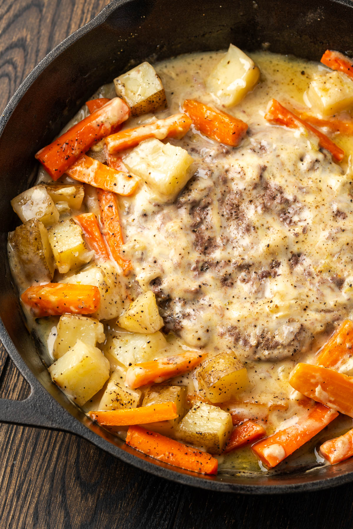 Ground beef and potatoes skillet for a campfire meal. 
