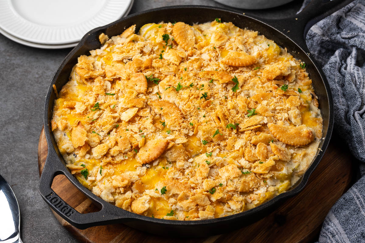 Squash casserole baked in a skillet ready.