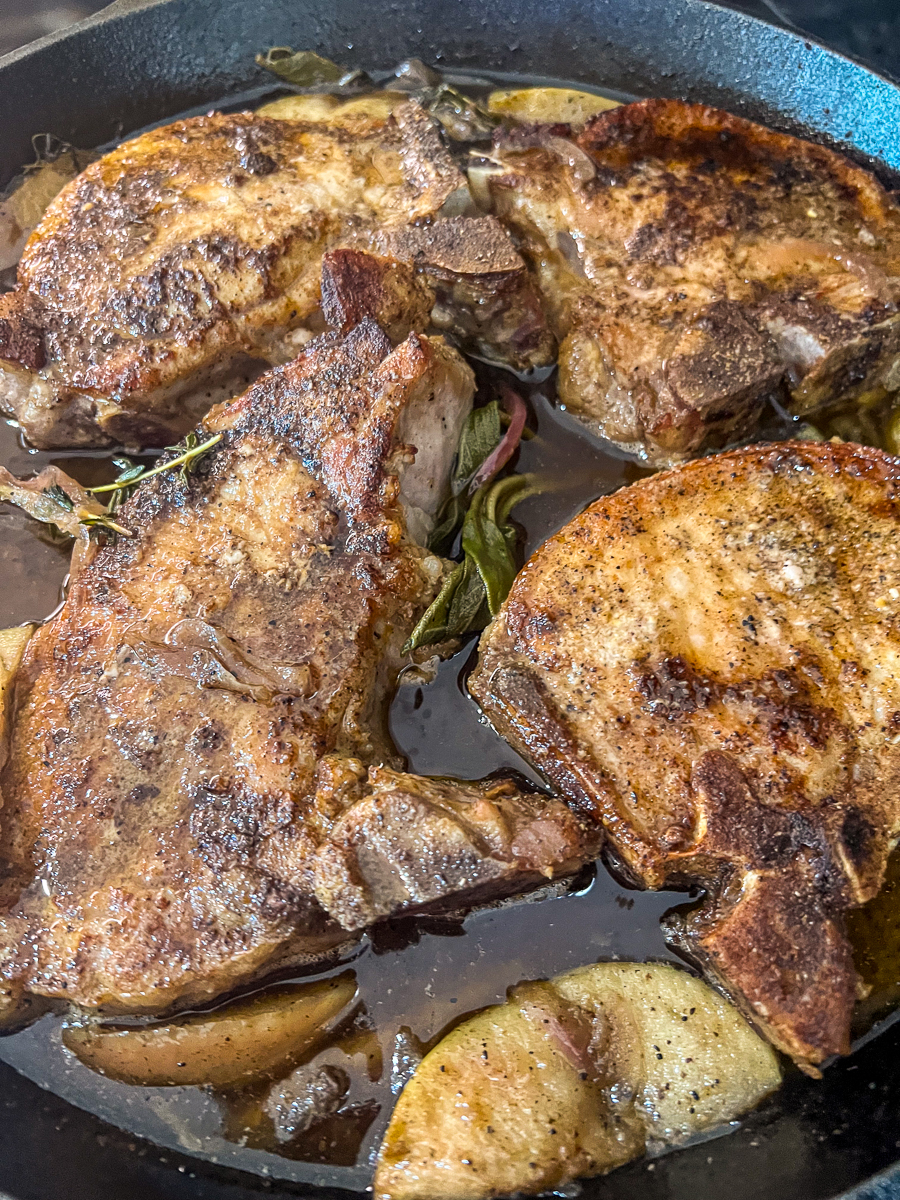 Fresh from the oven pork chops and apples.