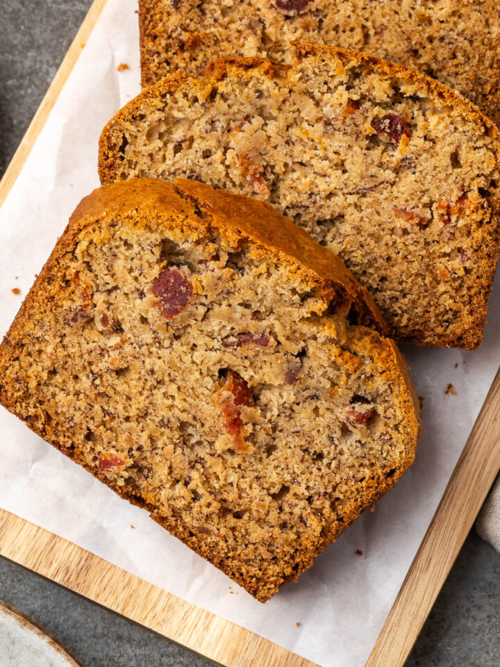 Slices of bacon banana bread on a platter.
