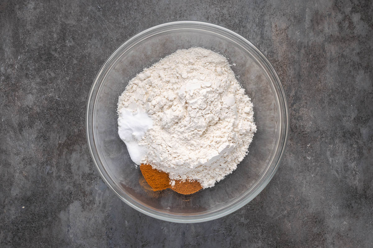 Dry ingredients in a bowl to make bacon banana bread.