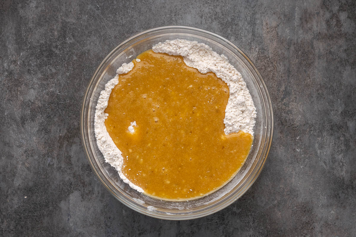 Wet ingredients added to the dry.