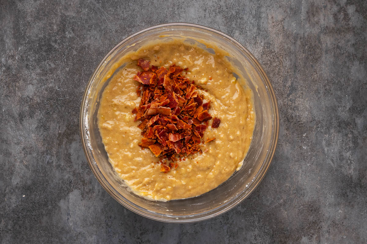 Cooked bacon added to the banana bread batter.