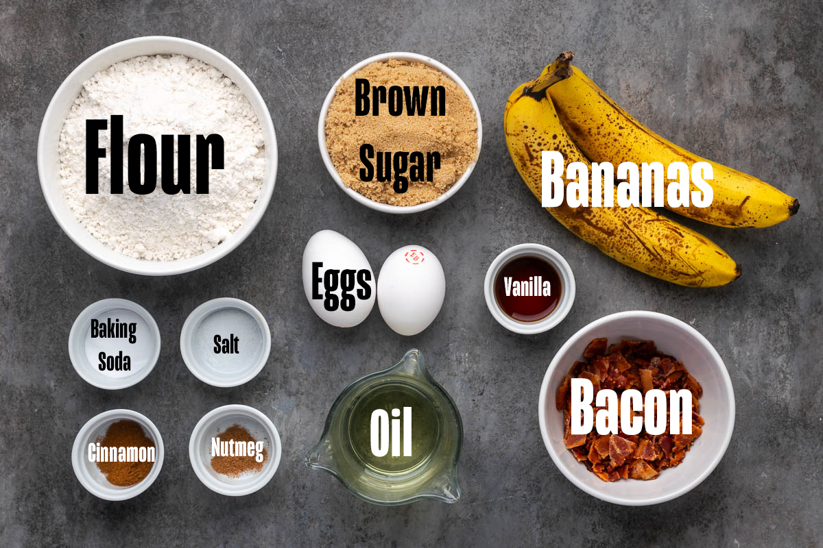 Ingredients to make bacon banana bread in bowls.