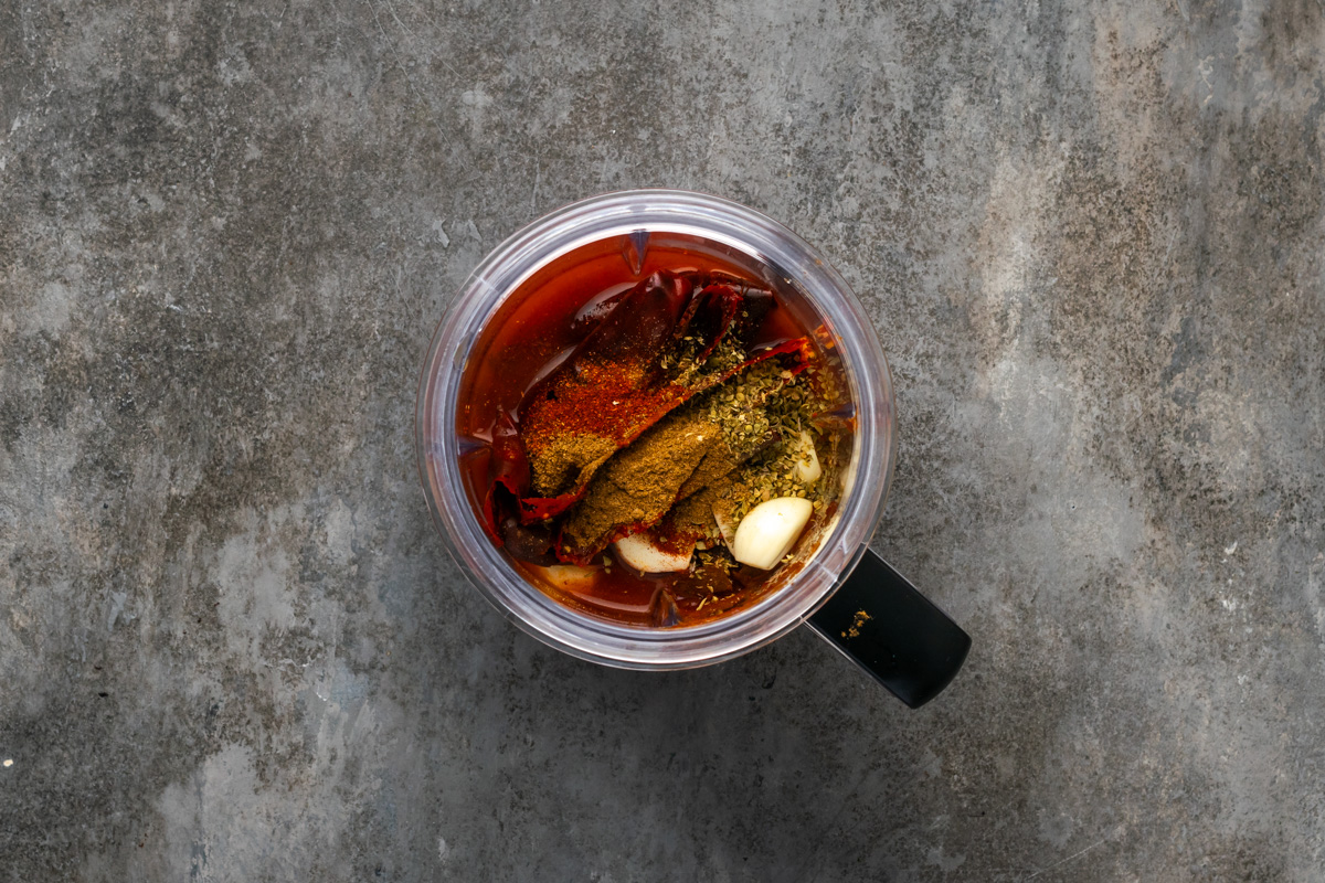 Marinade ingredients in a blender. 