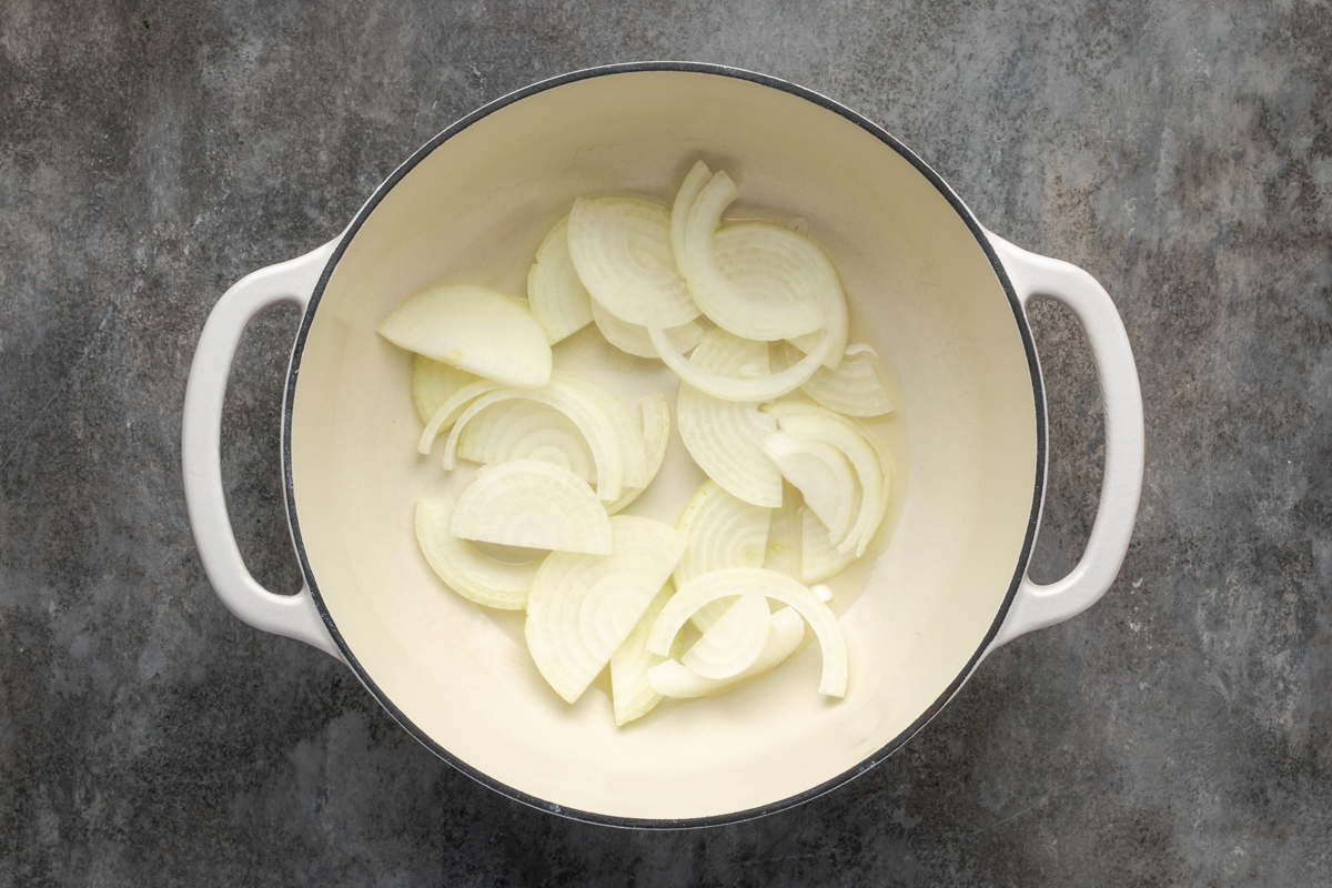 Onions cooking in the Dutch oven.