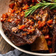 Braised short ribs in a Dutch oven.
