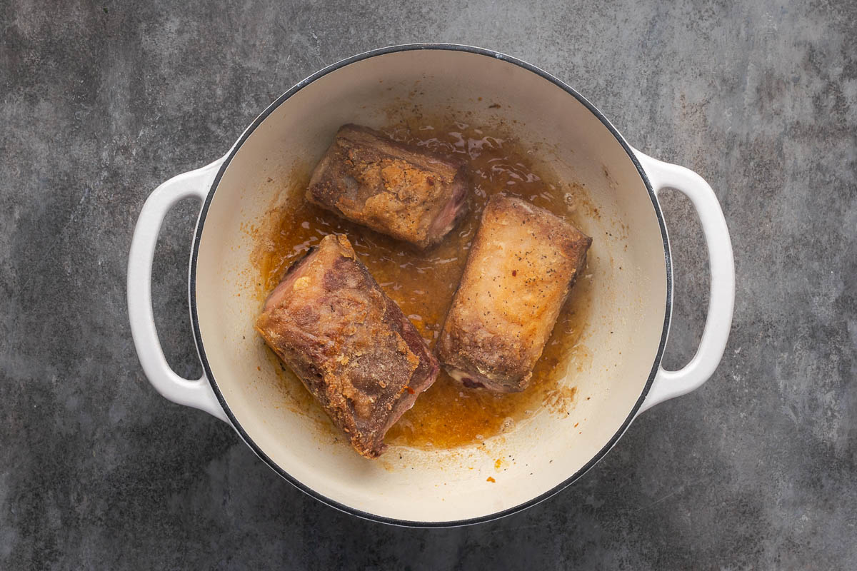 Short ribs seared in the Dutch Oven.
