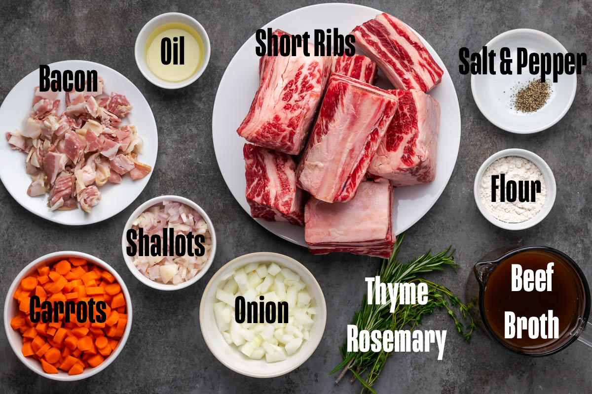 Ingredients to make these short ribs on plates on a table.