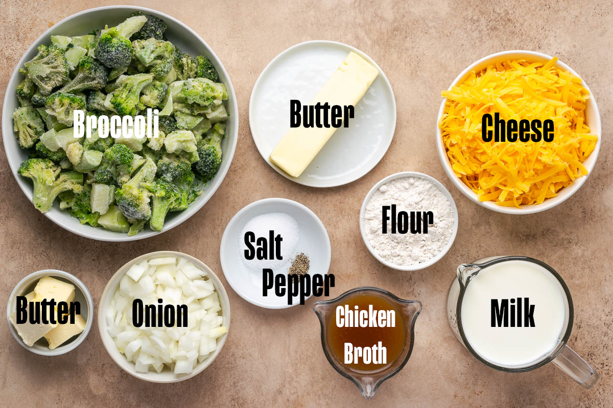 Ingredients to make broccoli cheese soup on the table.