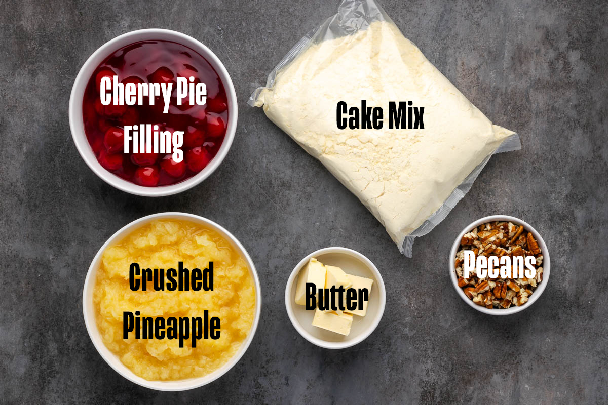 Ingredients to make this dump cake on a table.
