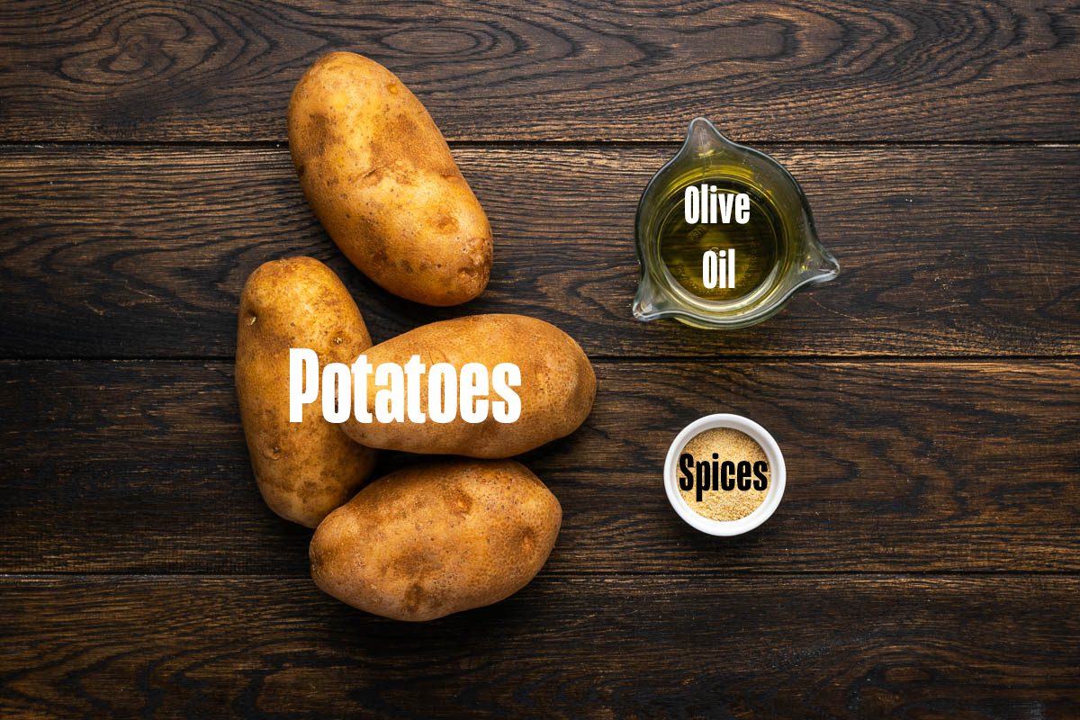 Ingredients to make these fried potatoes on a table.