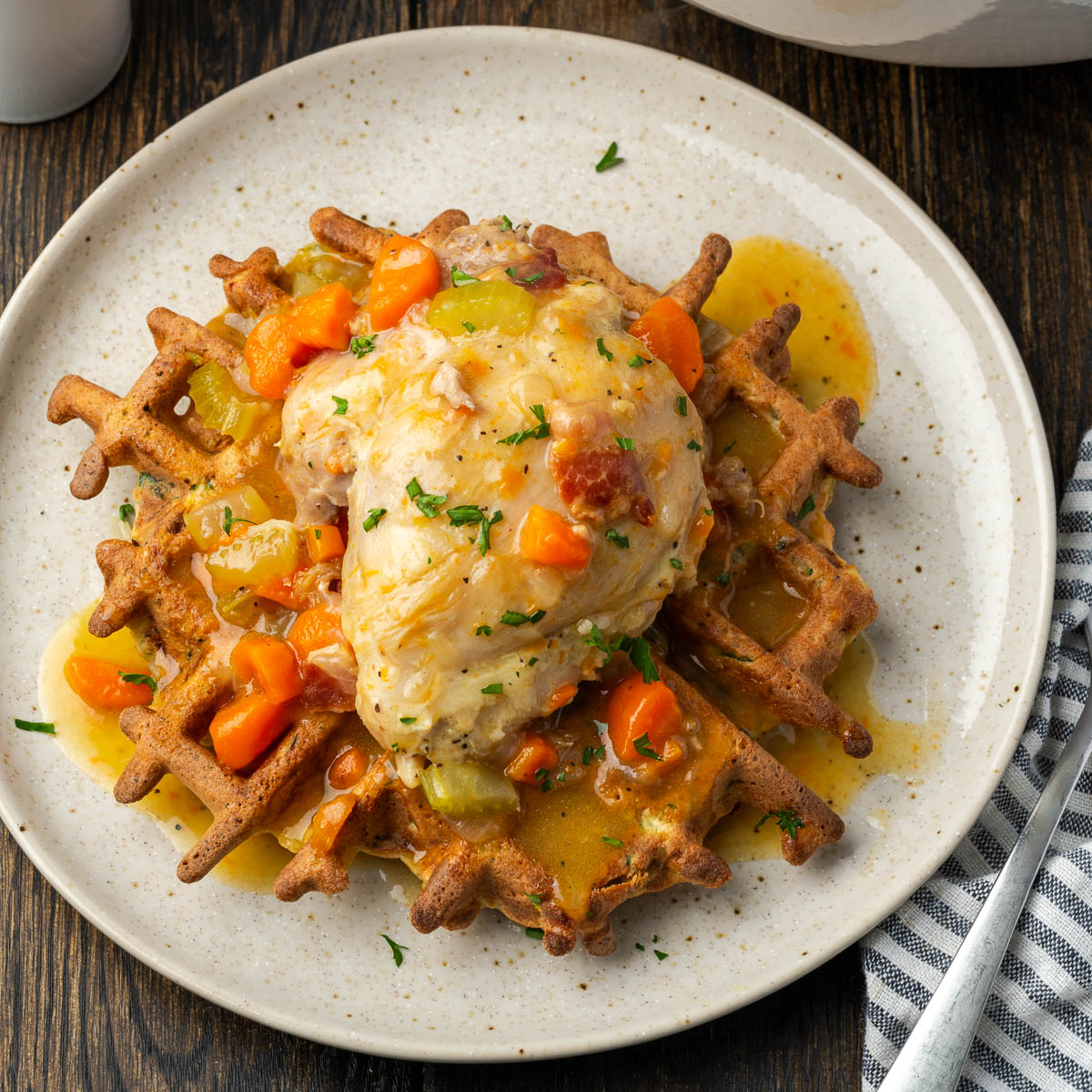 Braised chicken thighs on a plate.