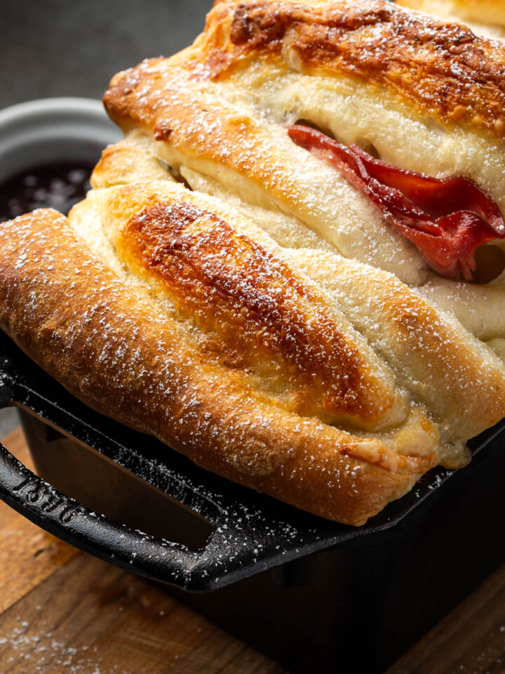 Monte cristo casserole in a pan.