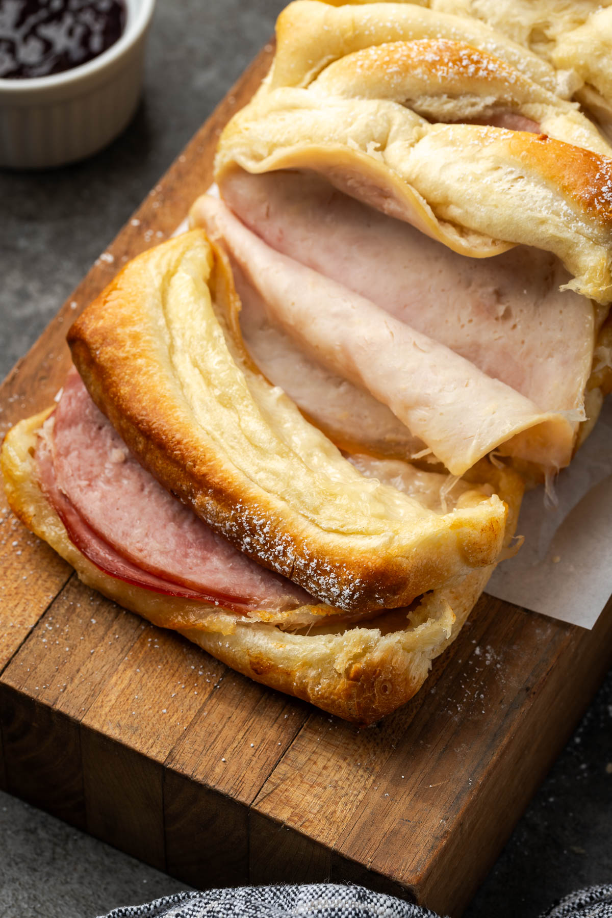 Monte cristo casserole on a cutting board.