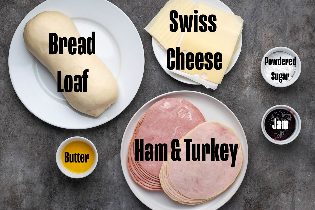 Ingredients to make a Monte Cristo casserole on a table.