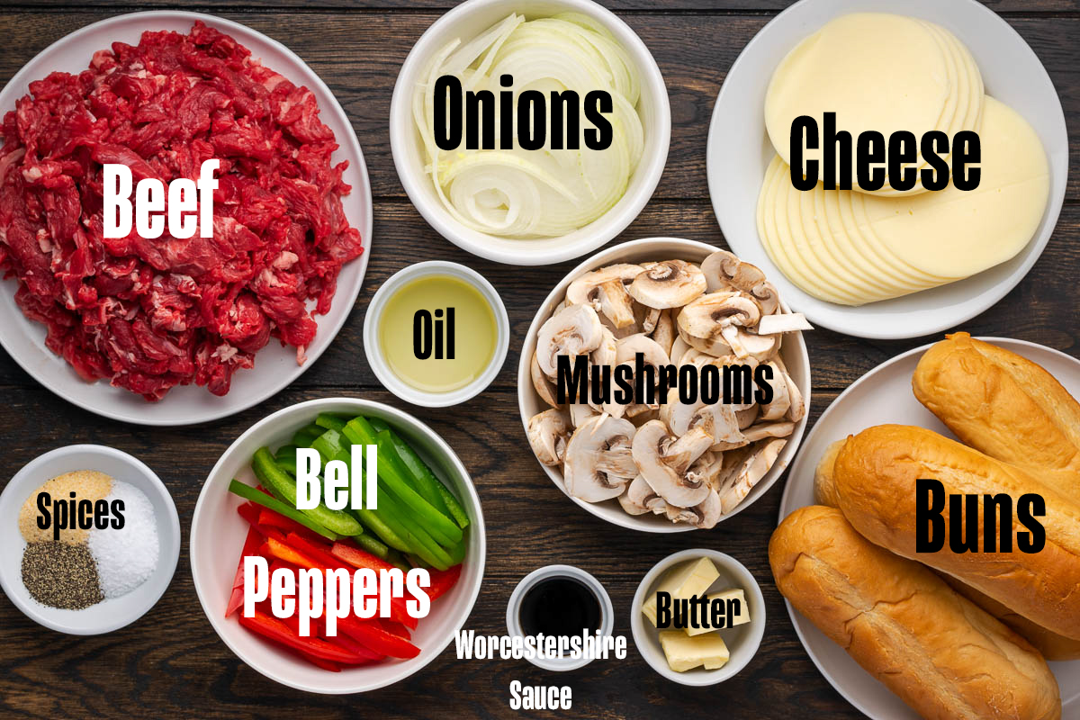 Ingredients to make a steak sandwich in bowls on a table.