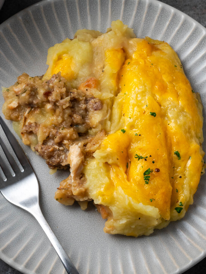 Leftover turkey shepherd’s pie on a plate.