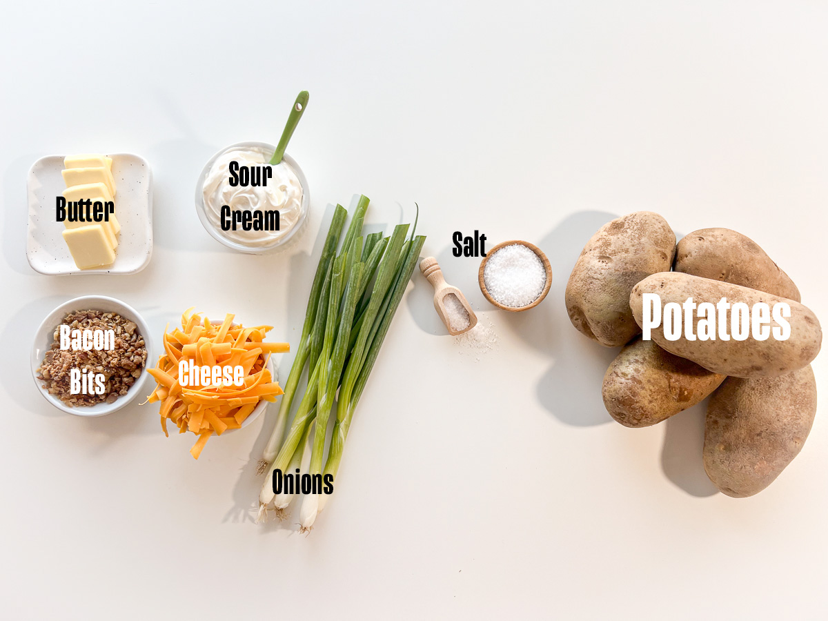 Ingredients to make Dutch oven baked potatoes over a campfire.