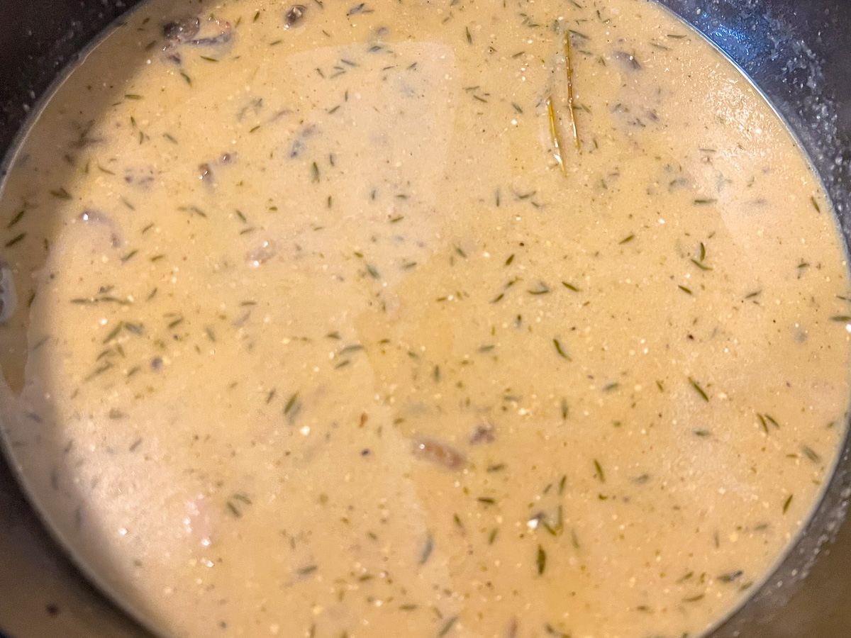 Dijon and seasonings stirred into the one pot beef stroganoff.