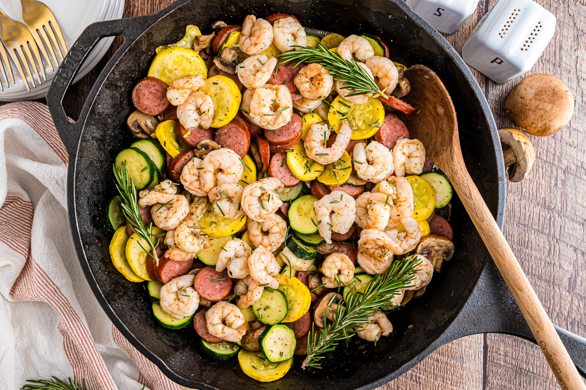 Dish in a cast iron skillet after cooking.