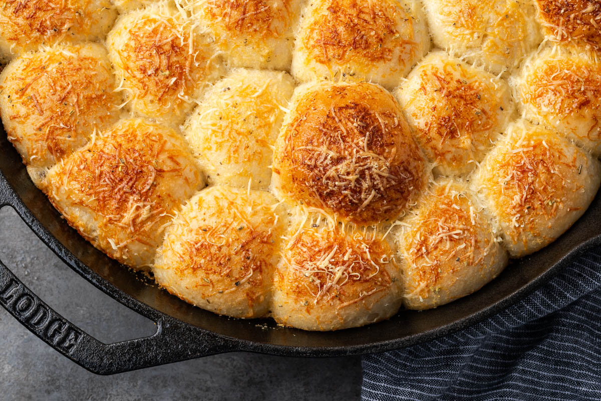 Rosemary garlic bread after baking in a skillet.