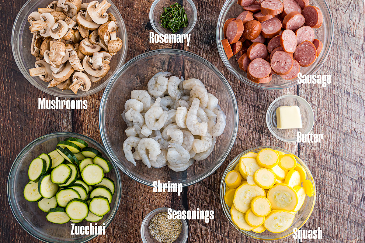 Ingredients to make this shrimp skillet on a table.