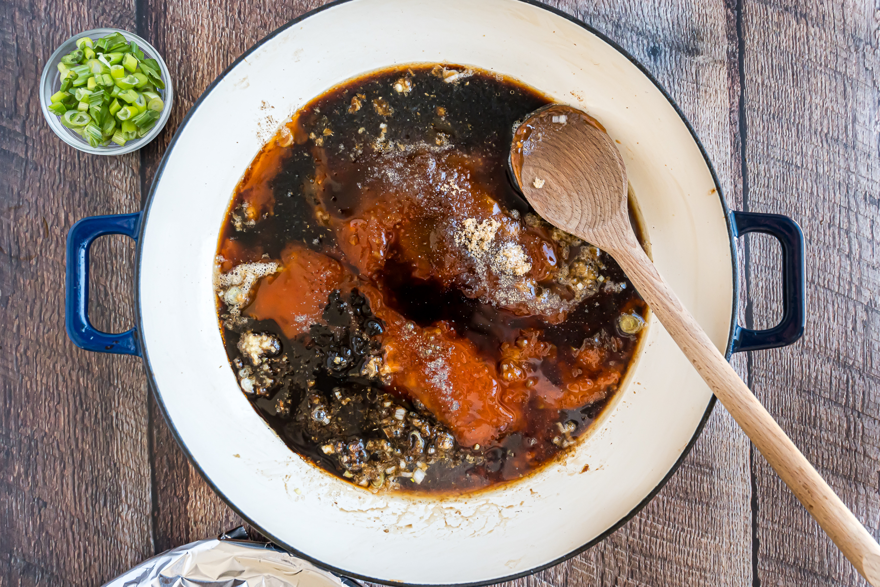 Sauce thickening in the skillet.
