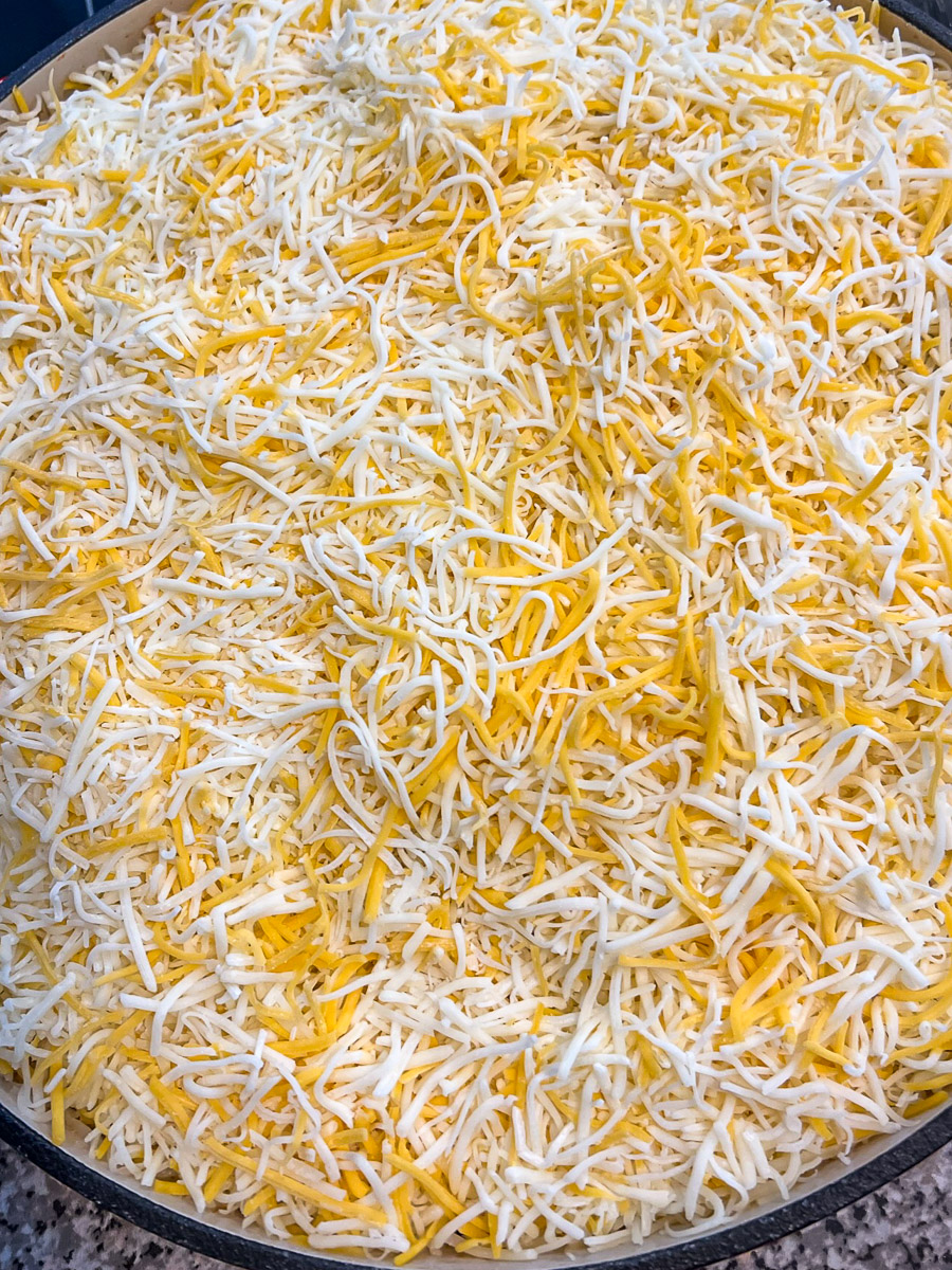 Mexican cheese blend completely covering the pasta dish.