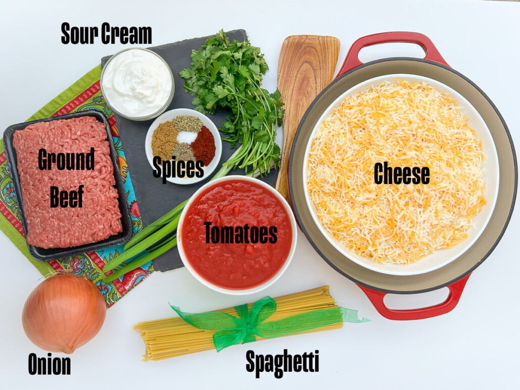 Ingredients for Baked Mexican Spaghetti.