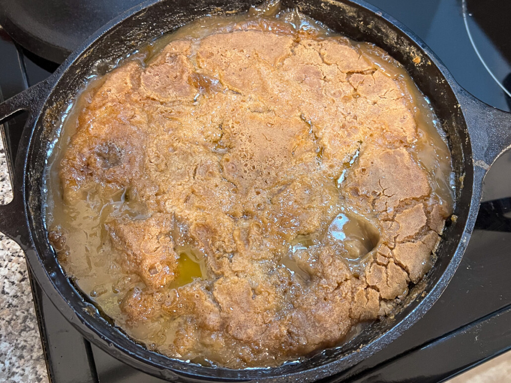 Fresh from the oven, caramel and apple filling bubble around the edges.