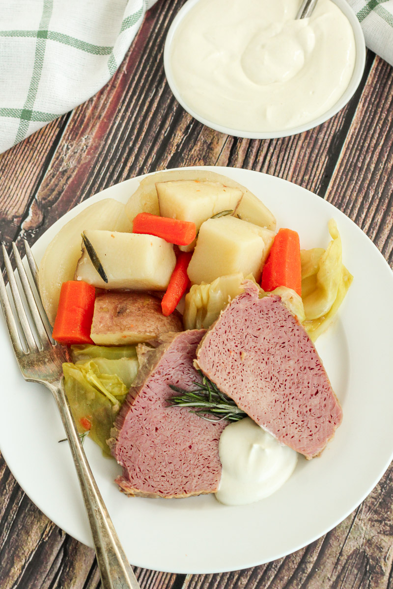 A plate of Dutch oven corned beef and cabbage.