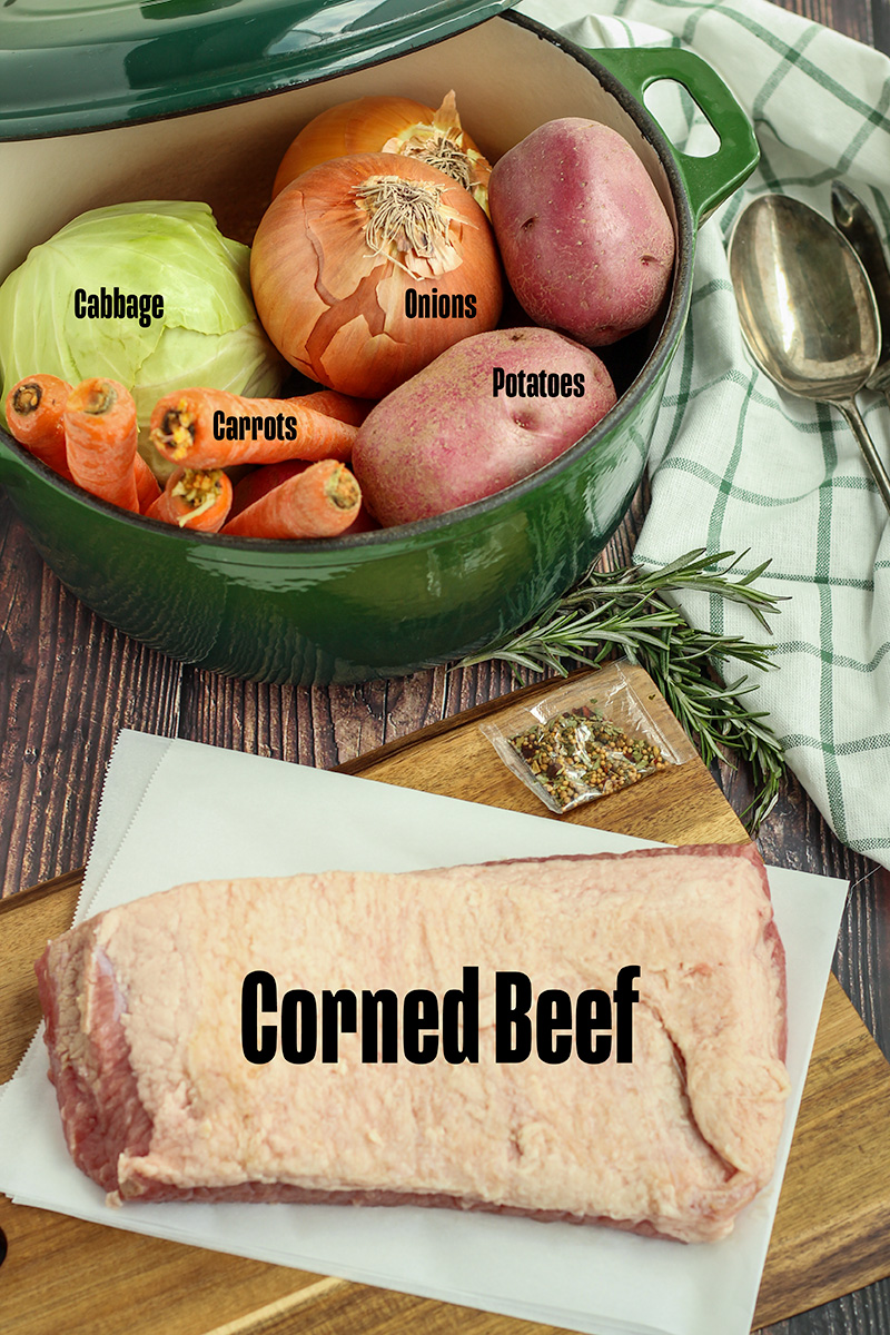 Ingredients to make Dutch corned beef and cabbage on a table before preparing.