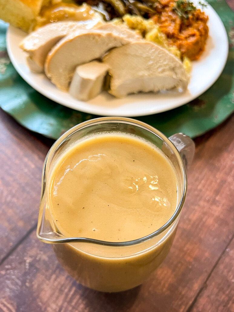 Turkey gravy in a glass pourer.