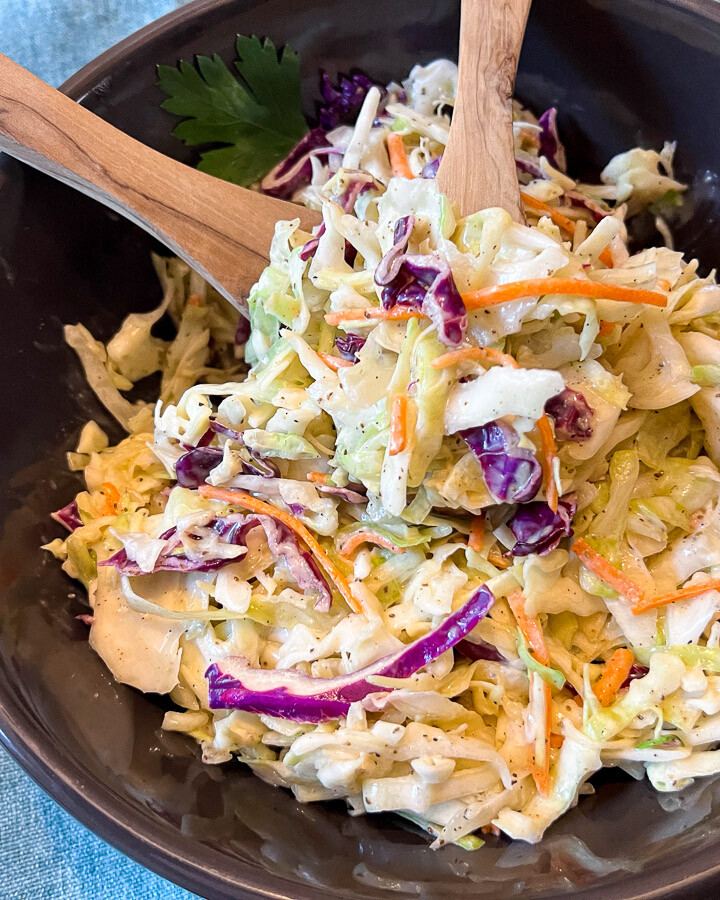 Closer view of the prepared simple coleslaw recipe.