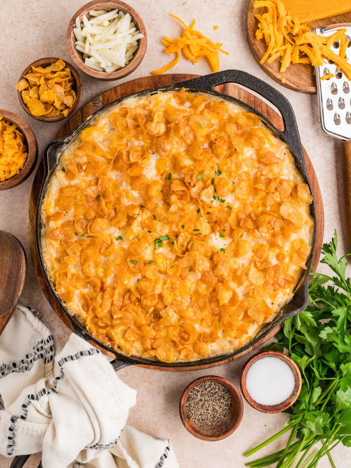 Dutch oven funeral potatoes ready to serve.