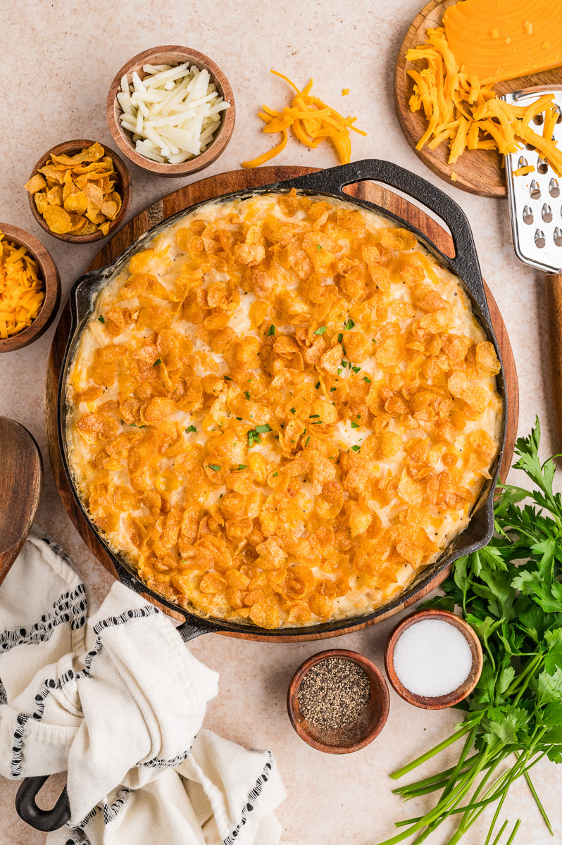 Dutch oven funeral potatoes ready to serve.