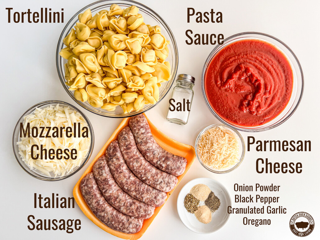 Ingredients to make Tortellini with Sausage: tortellini, pasta sauce, Parmesan cheese, salt, Parmesan cheese, onion powder, black pepper, granulated garlic, oregano, Italian sausage, and mozzarella cheese.