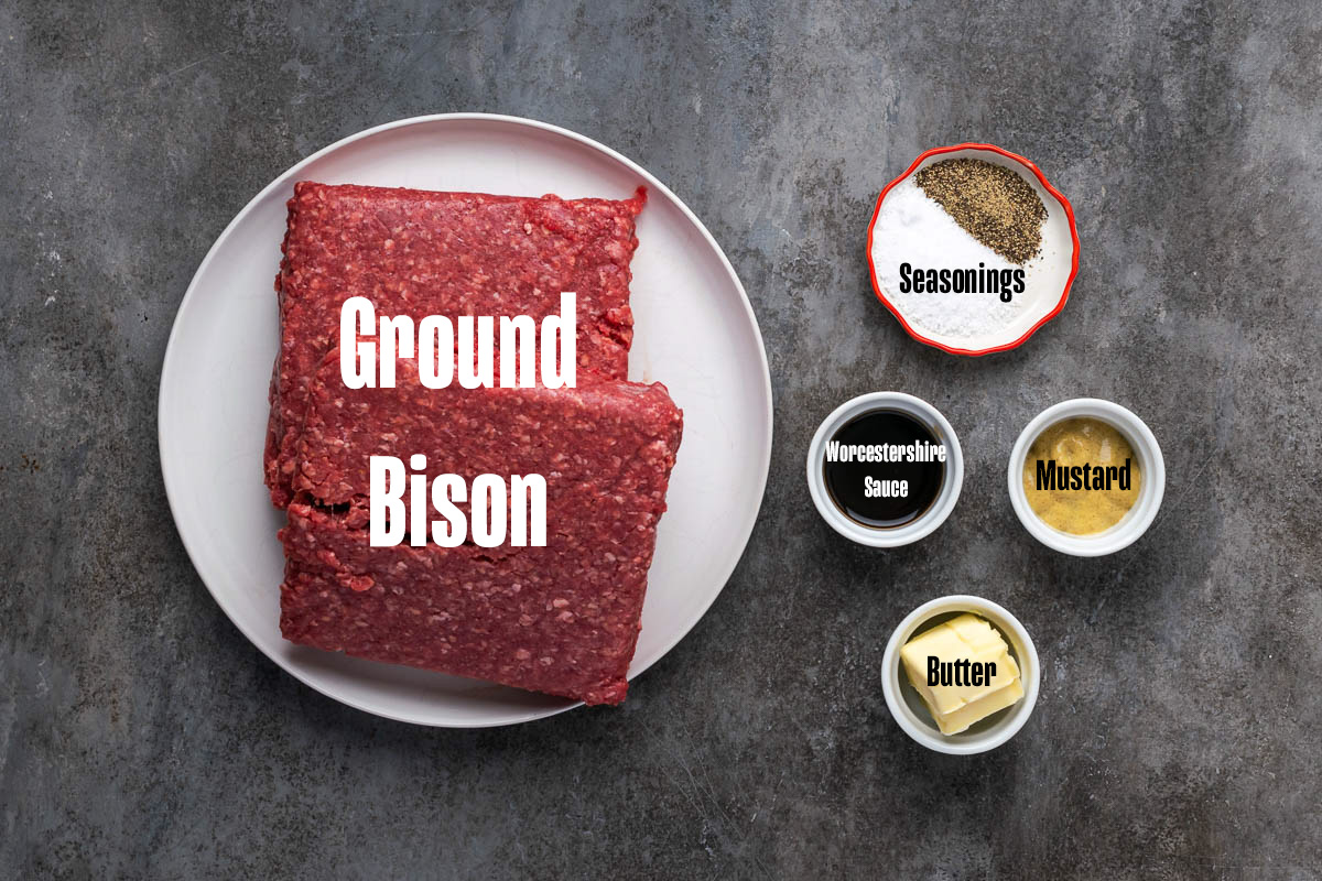 Ingredients to make this bison burger recipe on a table.