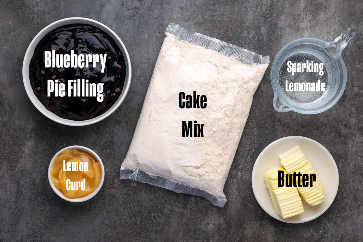 Ingredients to make lemon and blueberry dump cake.
