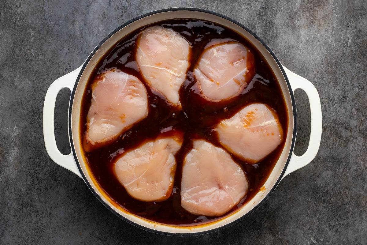 The teriyaki and BBQ sauce in the Dutch oven.