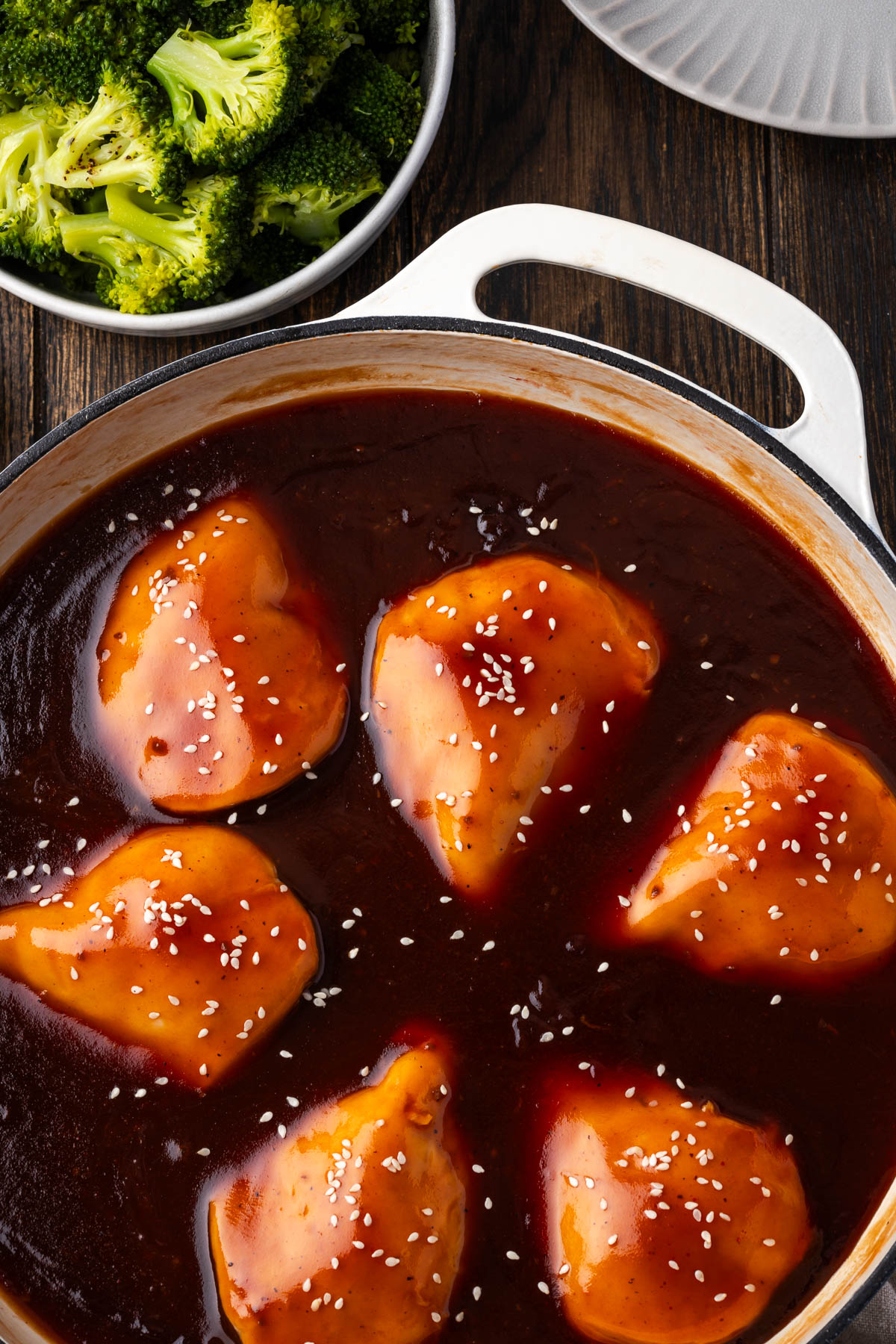 Chicken cooked in teriyaki and BBQ sauce.