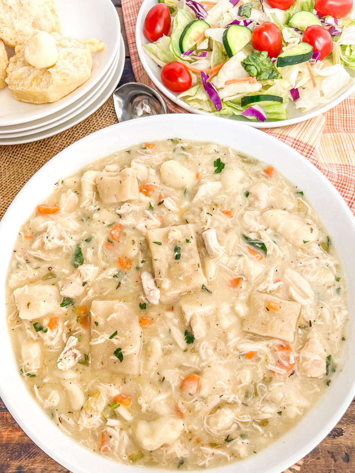 Bowl of old fashioned chicken and dumplings with biscuits and a salad in the background.