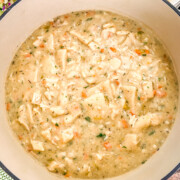 Southern-style chicken and dumplings in a Dutch oven.