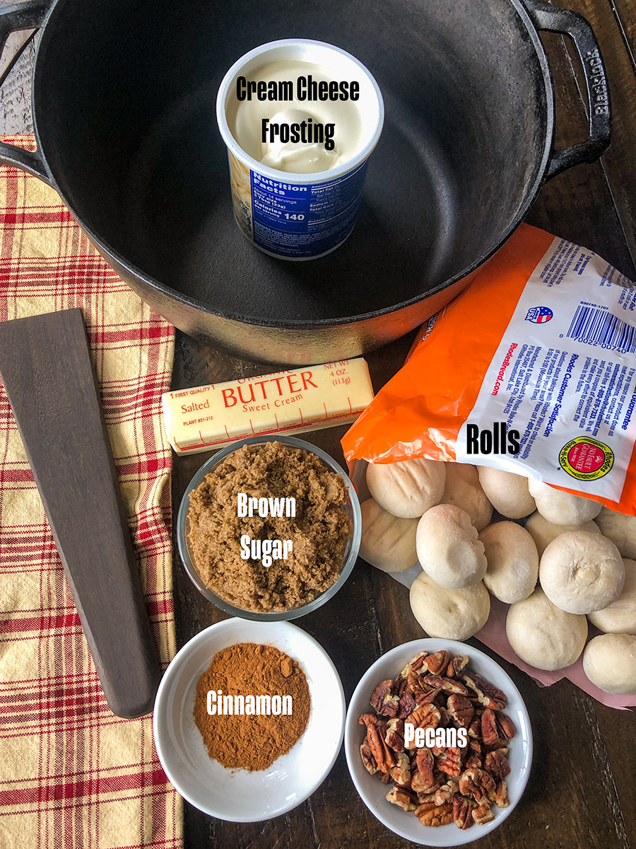 Ingredients to make these cinnamon rolls on a table.