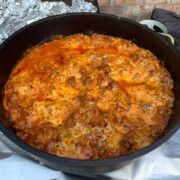 A Dutch oven lasagna after cooking.
