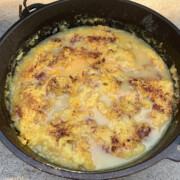 Peach dump cake in the cast iron.