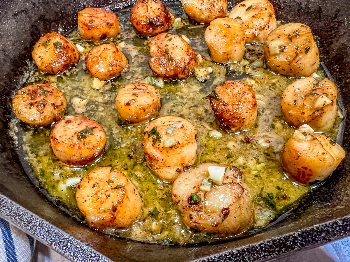 Scallops resting the hot lemon butter sauce.